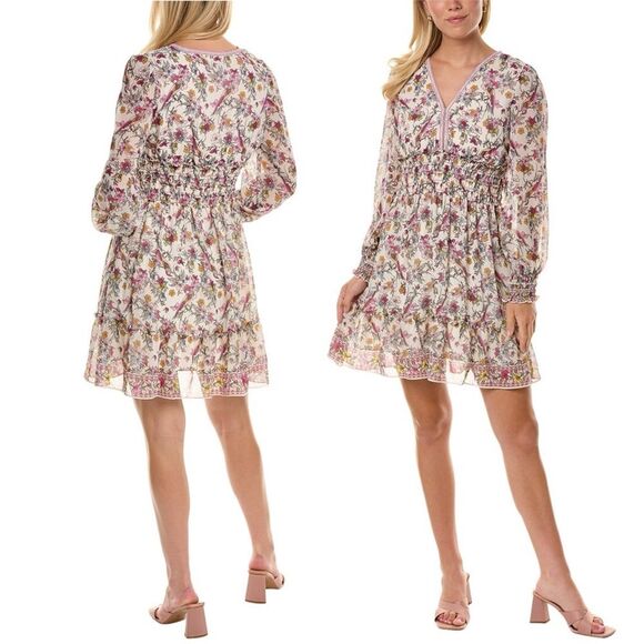 NWT Max Studio Smocked Cream Pink Floral Bird Print Mini Dress Size Medium NEW - Picture 1 of 15